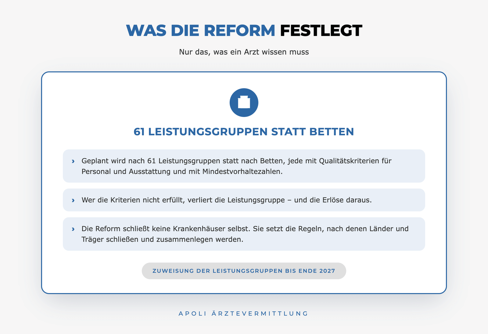 Krankenhausreform: 61 Leistungsgruppen statt Betten, Zuweisung bis 2027

