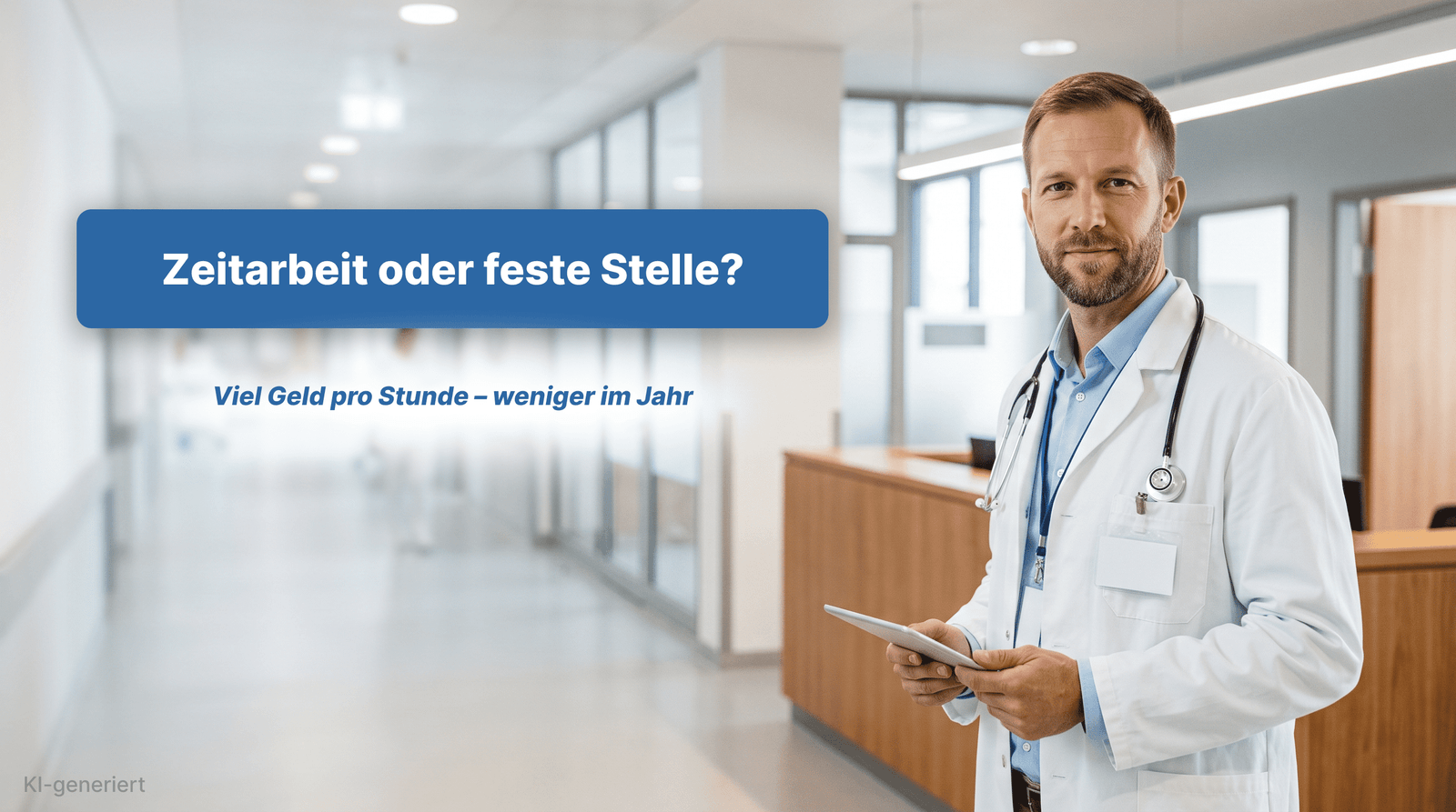 Arzt mit Tablet im Krankenhaus: Zeitarbeit oder feste Stelle im Gehaltsvergleich