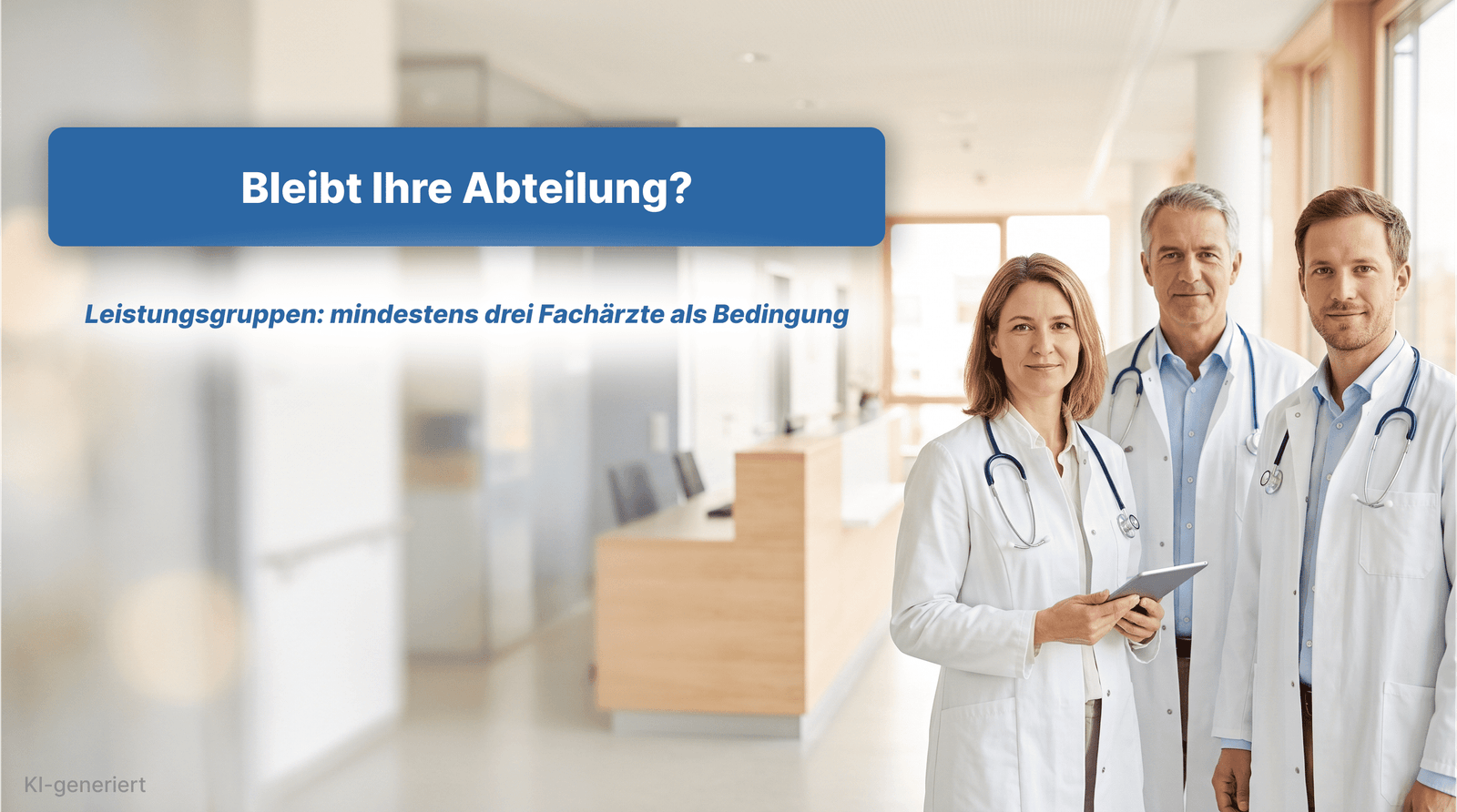Drei Fachärzte im Krankenhaus: Leistungsgruppen der Krankenhausreform und Zukunft der Abteilung