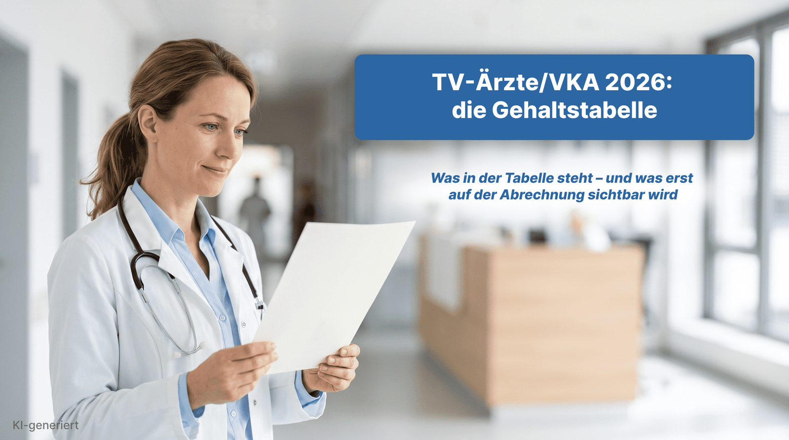 Ärztin liest Gehaltsabrechnung: TV-Ärzte/VKA Gehaltstabelle 2026 für Krankenhausärzte
