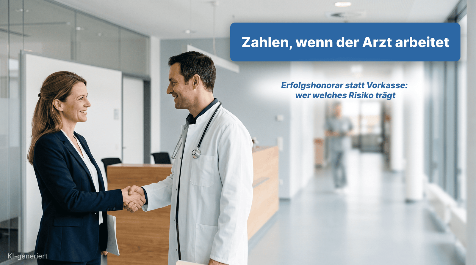 Arzt und Klinikvertreterin beim Handschlag: Ärztevermittlung mit Erfolgshonorar statt Vorkasse